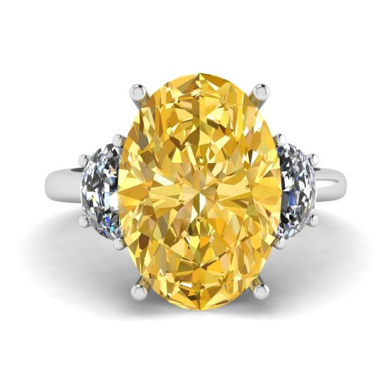 Anillo Diamante Amarillo Ovalado con Media Luna Lateral Diamantes Blancos Oro Blanco, Image 1
