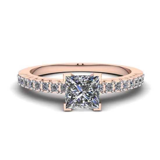 Anillo de diamantes talla princesa en V con pavé lateral en oro rosa, Ampliar imagen 1