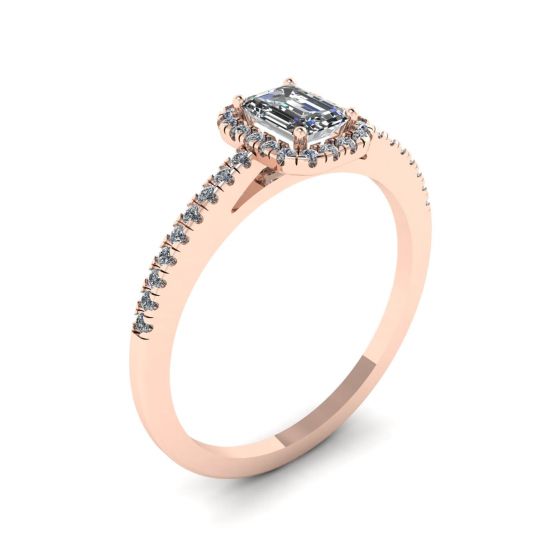 Anillo de diamantes de talla esmeralda con halo de oro rosa,  Ampliar imagen 4