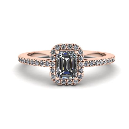 Anillo de diamantes de talla esmeralda con halo de oro rosa, Ampliar imagen 1