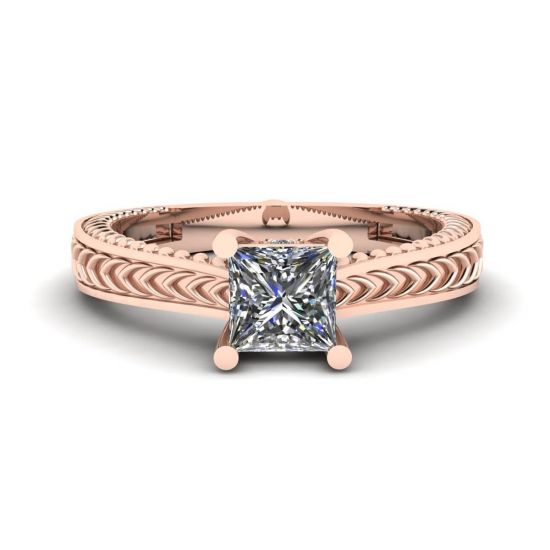 Anillo Estilo Oriental Diamantes Corte Princesa Oro Rosa 18K