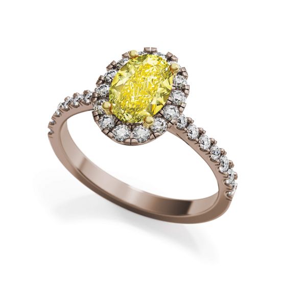 Anillo de diamantes amarillos ovalados de 1,13 ct con halo de oro rosa, More Image 1