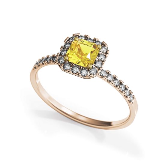 Anillo cojín de diamantes amarillos de 0,5 ct con halo de oro rosa,  Ampliar imagen 4
