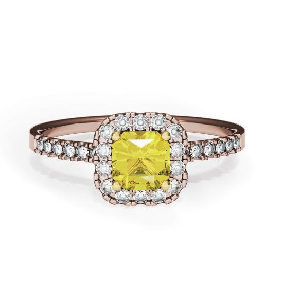 Anillo cojín de diamantes amarillos de 0,5 ct con halo de oro rosa, Ampliar imagen 1