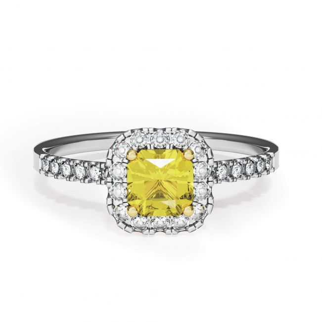 Anillo de diamantes amarillos con halo de cojín de 1/2 quilate