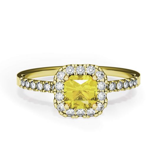 Anillo cojín de diamantes amarillos de 0,5 ct con halo de oro amarillo, Ampliar imagen 1