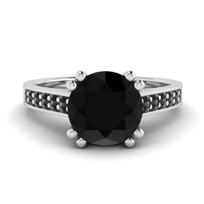 Diamante negro redondo con anillo de oro blanco 18 pavé negro