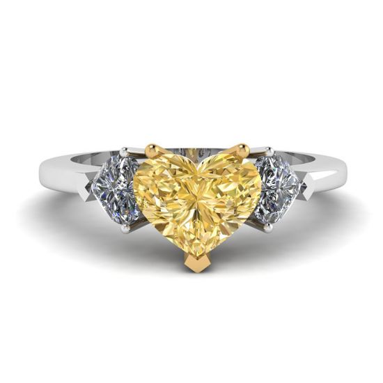 Diamante de corazón amarillo de 1 quilate con anillo de 2 corazones laterales, Ampliar imagen 1