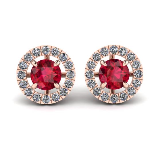 Aretes de rubí con cubierta removible de halo de diamantes en oro rosado, Image 1