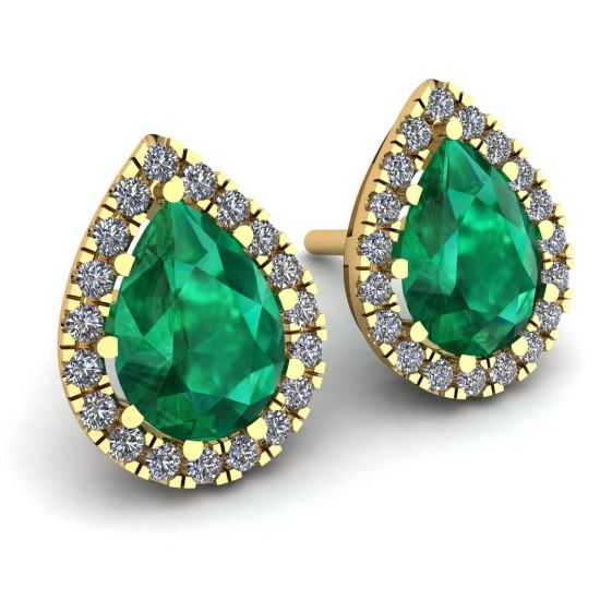 Aretes de esmeralda en forma de pera con halo de diamantes en oro amarillo, More Image 0