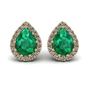 Aretes de esmeralda en forma de pera con halo de diamantes en oro amarillo