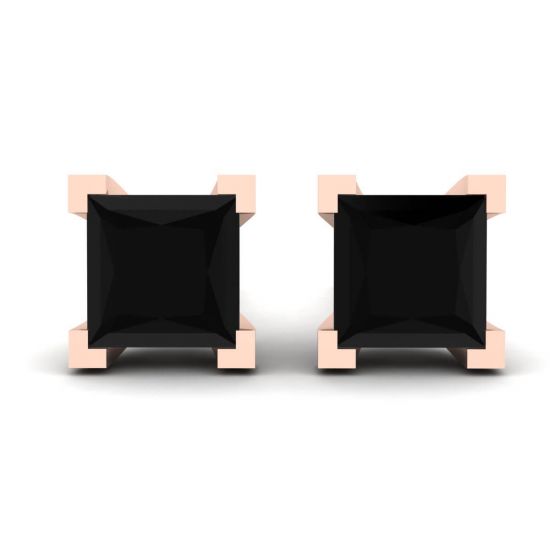 Pendientes de tuerca con diamantes negros de talla princesa de 4 mm en oro rosa, Ampliar imagen 1