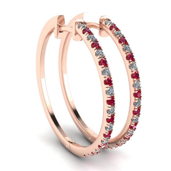 Pendientes de aro de oro rosa con rubíes y diamantes, Ampliar imagen 1