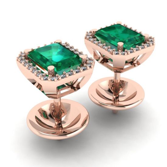 Aretes de esmeralda de 2 quilates con halo de diamantes en oro rosa,  Ampliar imagen 3