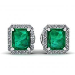 Aretes de Esmeralda de 2 quilates con Halo de Diamantes en Oro Blanco