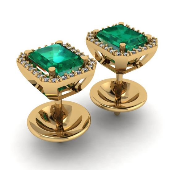 Aretes de esmeralda de 2 quilates con halo de diamantes en oro amarillo,  Ampliar imagen 3