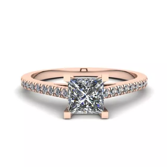 Anillo de compromiso con pavé festoneado de talla princesa en oro rosa, Ampliar imagen 1