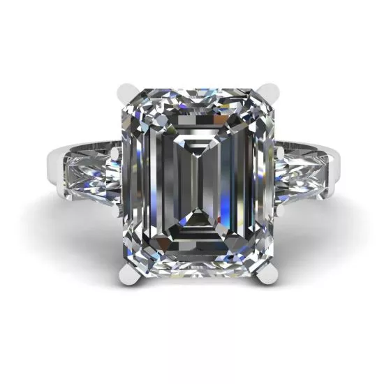 Anillo de compromiso de tres piedras con esmeralda y diamantes de talla baguette, Ampliar imagen 1