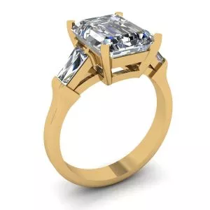 Anillo de Compromiso de Tres Piedras con Esmeralda y Diamantes Baguette en Oro Amarillo - Photo 3