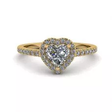 Anillo de compromiso con halo de diamantes y corazón en oro amarillo