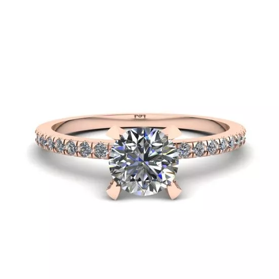 Anillo clásico de diamantes redondos con pavé lateral fino en oro rosa, Ampliar imagen 1