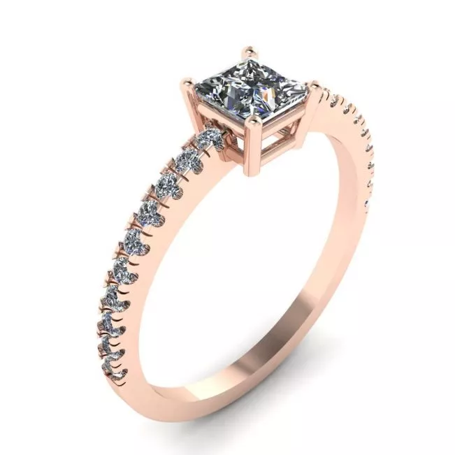 Anillo de diamantes de talla princesa con pavé lateral en oro rosa de 18 quilates - Photo 3