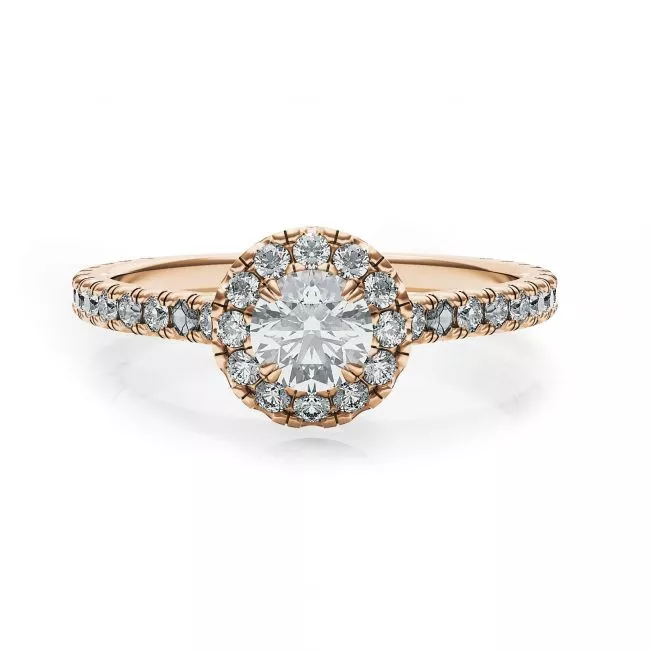 Anillo con halo de diamantes redondos en oro rosado de 18 quilates