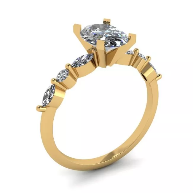 Anillo de Diamantes Ovalados Marquesa Lateral y Piedras Redondas en Oro Amarillo - Photo 3