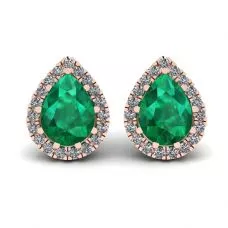 Aretes de esmeralda en forma de pera con halo de diamantes en oro rosado