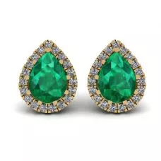 Aretes de esmeralda en forma de pera con halo de diamantes en oro amarillo